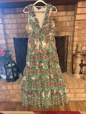 Boston Proper Green and Pink Paisley Tiered Ruffle Maxi Dress